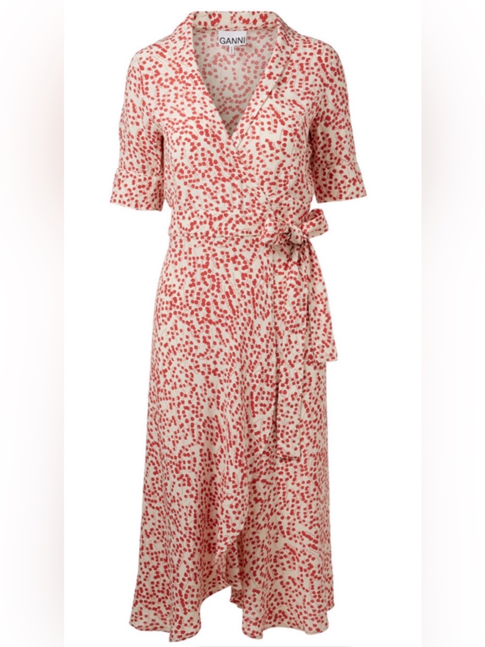 Ganni Cream and Coral Dot Wrap Midi Dress. Size S